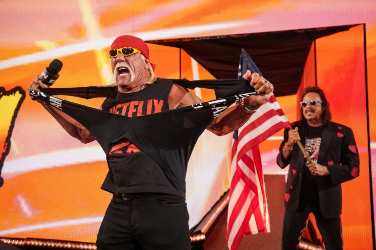 INGLEWOOD, CALIFORNIA - JANUARY 06: Hulk Hogan with Jimmy Hart along side address the crowd during RAW at Intuit Dome on Janu ary 6, 2025 in Inglewood, California. (Photo by WWE/Getty Images)